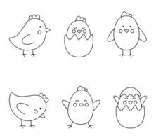 conjunto de lindos pollos de pascua en blanco y negro en estilo de dibujos animados. vector