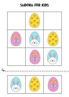 Sudoku game with cartoon Easter eggs for kids. vector