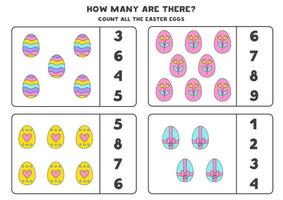 Counting game with Easter eggs. Educational worksheet. vector