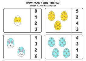 Counting game with Easter eggs. Educational worksheet. vector