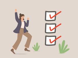 Happy woman completed task and triumphing with raised hands vector