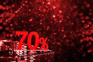 70 percent discount with red bokeh background. Discounts in the shopping center. Seasonal sale, black friday. Red label. photo