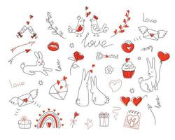 A large vector set of love symbols in doodle style