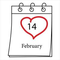 Sheet of tear-off calendar with the date 14 February with hand-drawn outline in the shape of a heart. Stiker. vector