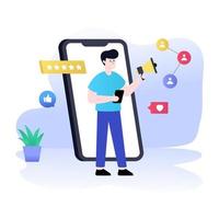 Media marketing via mobile, flat illustration design vector