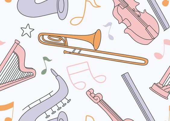 Colorful seamless pattern of musical instruments in a flat style