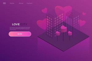 ciudad del amor, ilustración isométrica de neón. diseño para sitio web, aplicación. estilo moderno vector