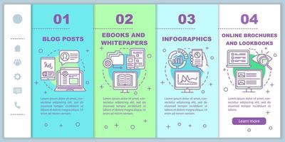 canales de marketing de contenido que incorporan la plantilla vectorial de páginas web móviles. idea de interfaz de sitio web de teléfono inteligente sensible con ilustraciones lineales. pantallas de pasos del tutorial de la página web. concepto de color vector