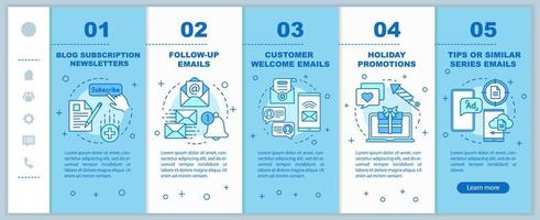 Email marketing onboarding mobile web pages vector template. Newsletters, email. Responsive smartphone website interface idea with linear illustrations. Webpage walkthrough step screens. Color concept