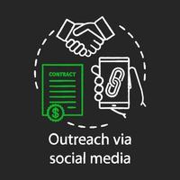 Outreach via social media chalk concept icon. Social networks idea. Online PR. Brand and content awareness. Build new relationships. Vector isolated chalkboard illustration