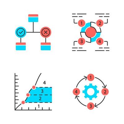 Diagram concepts color icons set. Decision, explanatory, phase, process charts. Statistics data and process flow visualization. Information symbolic representation. Isolated vector illustrations