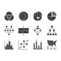 Diagrams glyph icons set. Schematic representation of info. Statistics data visualization. Analytical report. Science, technologies, business, finance. Silhouette symbols. Vector isolated illustration