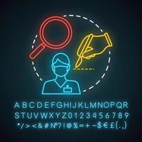 Microsurgery neon light icon. Operating microscope. Loupe magnification. Microvascular surgery. Precision instrumentation. Glowing sign with alphabet, numbers and symbols. Vector isolated illustration