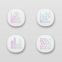 Diagrams app icons set. Histogram, bar graph, scatter plot, cartogram. Statistics data. Analytical information. UI UX user interface. Web or mobile applications. Vector isolated illustrations