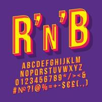 rnb vintage 3d vector letras. fuente en negrita retro, tipo de letra. texto estilizado de arte pop. letras de estilo de la vieja escuela, números, símbolos, paquete de elementos. Afiche de los 90, 80, pancarta. fondo de color morado