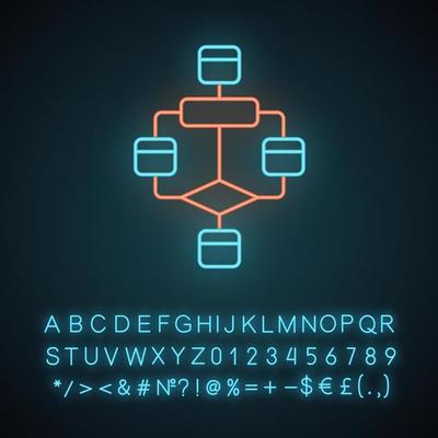 Flowchart neon light icon. Diagram. Visualization of process. Problem solving stages. Program logic sequence. Glowing sign with alphabet, numbers and symbols. Vector isolated illustration