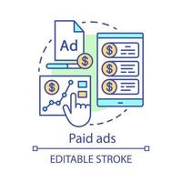 Paid ads concept icon. Online marketing analytics idea thin line illustration. PPC channel. Pay per click advertising campaign. Ad networks. Vector isolated outline drawing. Editable stroke