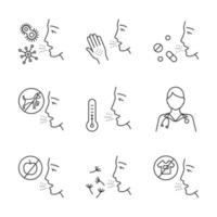 Allergies linear icons set. Contact, food, respiratory diseases. Allergen sources. Diagnosis and medication. Thin line contour symbols. Isolated vector outline illustrations. Editable stroke