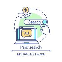 Paid search concept icon. PPC channel idea thin line illustration. Marketing strategy. Pay per click model. Search engine results. SEM advertising. Vector isolated outline drawing. Editable stroke