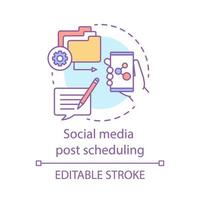 Social media post scheduling concept icon. Social management platform idea thin line illustration. Digital marketing automation tool. Vector isolated outline drawing. Editable stroke