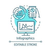 Infographics blue concept icon. Awareness content idea thin line illustration. Content marketing channel. Statistics, web analytics, smm metrics. Vector isolated outline drawing. Editable stroke