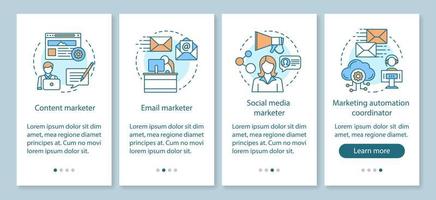 Digital marketing specialties onboarding mobile app page screen with linear concepts. Content, email marketers walkthrough steps graphic instructions. UX, UI, GUI vector template with illustrations