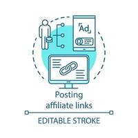 Posting affiliate links blue concept icon. Affiliate marketing idea thin line illustration. Product promotion and recommendation. Content sharing. Vector isolated outline drawing. Editable stroke