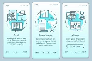 Consideration content turquoise onboarding mobile app page screen vector template. Research report walkthrough website steps with linear illustrations. UX, UI, GUI smartphone interface concept