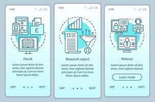 Consideration content turquoise onboarding mobile app page screen vector template. Research report walkthrough website steps with linear illustrations. UX, UI, GUI smartphone interface concept