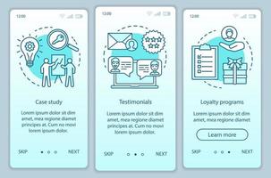 Decision making content turquoise onboarding mobile app page screen vector template. Customer attraction walkthrough website steps with linear illustrations. UX, UI, GUI smartphone interface concept