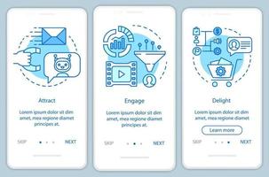 método de marketing entrante para la plantilla de vector de pantalla de página de aplicación móvil de incorporación de clientes azul. atracción. paso a paso del sitio web con ilustraciones lineales. ux, ui, concepto de interfaz de teléfono inteligente gui