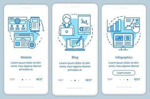 Channels for SEO blue onboarding mobile app page screen vector template. Marketing, strategy, blog walkthrough website steps with linear illustrations. UX, UI, GUI smartphone interface concept