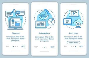 plantilla de vector de pantalla de página de aplicación móvil de incorporación de contenido azul de conciencia. publicación de blog, video, infografía paso a paso del sitio web con ilustraciones lineales. ux, ui, concepto de interfaz de teléfono inteligente gui