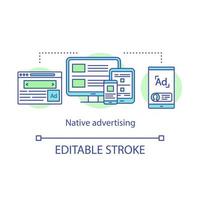 Native advertising concept icon. Paid ads idea thin line illustration. Social media feeds, recommended content, web page. Vector isolated outline drawing. Editable stroke