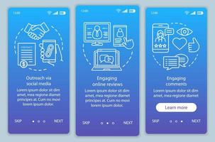 Online PR blue onboarding mobile app page screen vector template. Online reviews and comments walkthrough website steps with linear illustrations. UX, UI, GUI smartphone interface concept