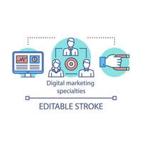 Digital marketing specialties concept icon. Internet professions idea thin line illustration. Copywriter, SEO manager, PPC specialist. Vector isolated outline drawing. Editable stroke