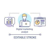 Digital marketing analyst concept icon. Digital marketing specialty idea thin line illustration. Statistics analysis. Product promotion, web analytics. Vector isolated outline drawing. Editable stroke