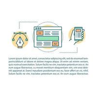 plantilla de vector de página de artículo de diseño de publicidad y sitio web. folleto, revista, elemento de diseño de folleto con iconos lineales y cuadros de texto. diseño de impresión. ilustraciones conceptuales con espacio de texto