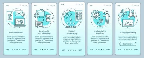 Marketing automation turquoise onboarding mobile app page screen vector template. Social media, emails walkthrough website steps with linear illustrations. UX, UI, GUI smartphone interface concept