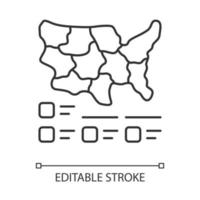 Cartogram linear icon. Diagram. USA map with statistics. Geographical differences graphic report. Thin line illustration. Contour symbol. Vector isolated outline drawing. Editable stroke