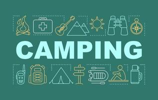 banner de conceptos de palabra de camping. tiempo en familia juntos. senderismo. pasar la noche en la tienda. presentación, sitio web. idea de tipografía de letras aisladas, iconos lineales. ilustración de contorno vectorial vector