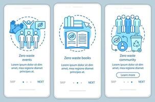 Zero waste education onboarding mobile app page screen vector template. Eco friendly lifestyle walkthrough website steps with linear illustrations. UX, UI, GUI smartphone interface concept