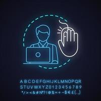 Manager neon light concept icon. Office worker idea. Man with laptop. Glowing sign with alphabet, numbers and symbols. Vector isolated illustration