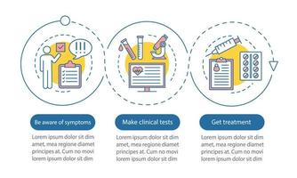 plantilla de infografía vectorial de detección médica. Esté atento a los síntomas, hágase pruebas, reciba tratamiento. visualización de datos con cinco pasos y opción. gráfico de línea de tiempo del proceso. diseño de flujo de trabajo con iconos vector