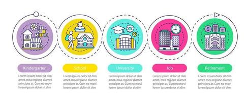 Person life vector infographic template. Childhood, adulthood. Kindergarten, school, university, job, retirement. Data visualization five steps and options. Process timeline chart. Workflow layout