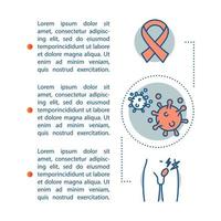 plantilla de vector de página de artículo de cáncer. oncología. Concientización sobre el cáncer de próstata. folleto, revista, elemento de diseño de folleto con iconos lineales, cuadros de texto. diseño de impresión. ilustraciones conceptuales con espacio de texto