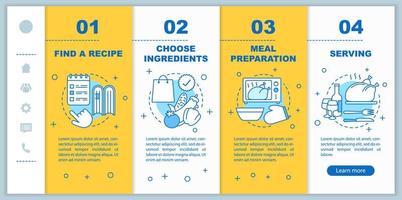 plantilla de vector de páginas web móviles de incorporación de cena de vacaciones. elegir recetas, ingredientes, preparación de alimentos, servir. interfaz de sitio web de teléfono inteligente sensible. Concepto de pantallas de paso de tutorial de página web