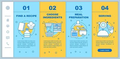 Cooking onboarding mobile web pages vector template. Choosing recipes, ingredients, food preparation, serving. Responsive smartphone website interface. Webpage walkthrough step screens. Color concept