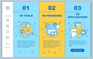 Virtual reality onboarding mobile web pages vector template. VR applying, tools, programs. Responsive smartphone website interface idea. Webpage walkthrough step screens. Color concept