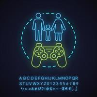 Family gaming neon light concept icon. Playing videogames idea. Glowing sign with alphabet, numbers and symbols. Vector isolated illustration